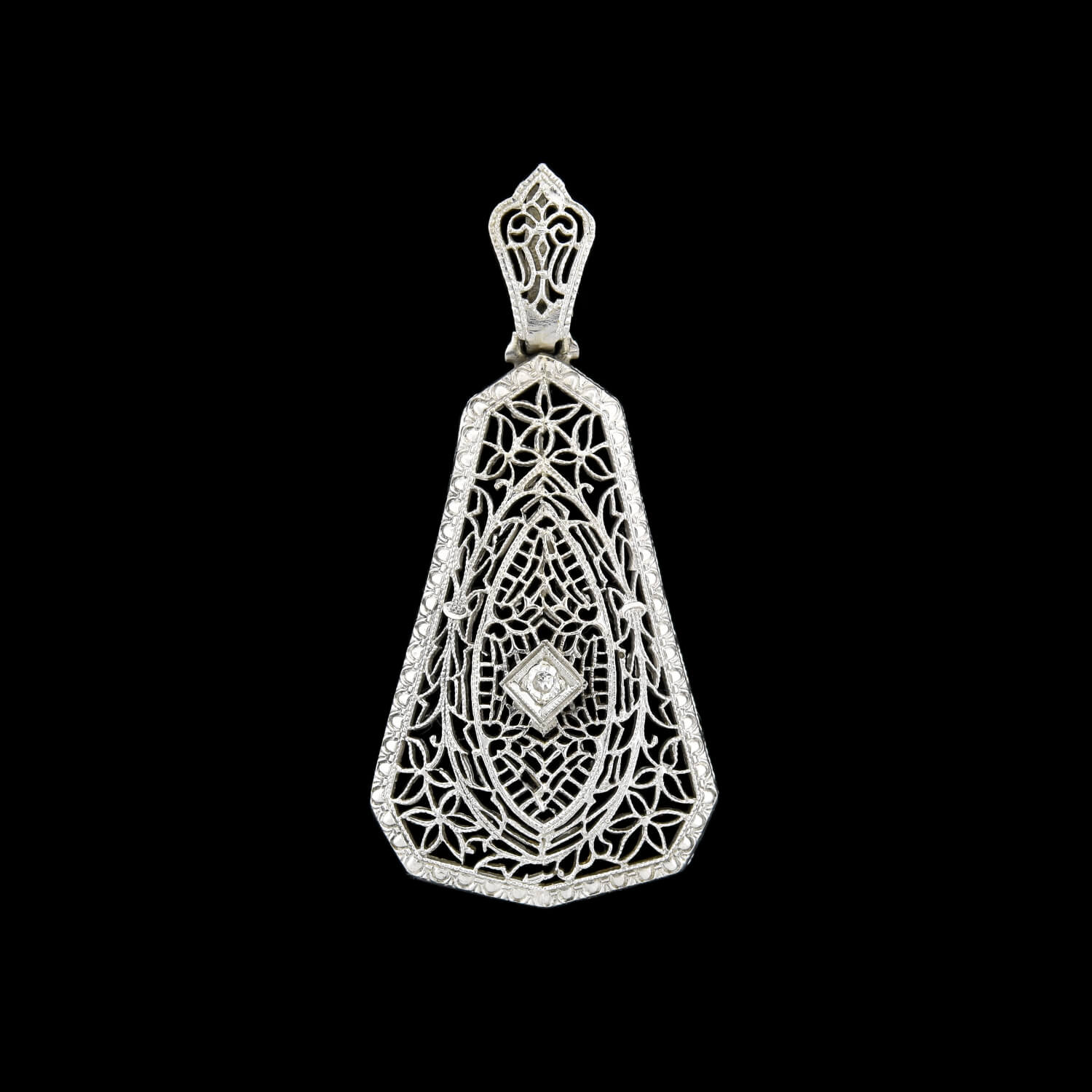 Art Deco Large 14kt Diamond Filigree Pendant