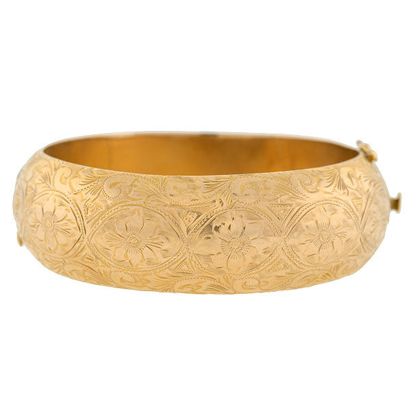 Victorian Revival 14kt Gold Etched Hinged Bangle Bracelet