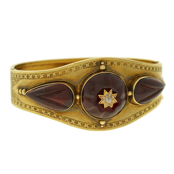 Victorian 15kt Carved Garnet Diamond Bracelet
