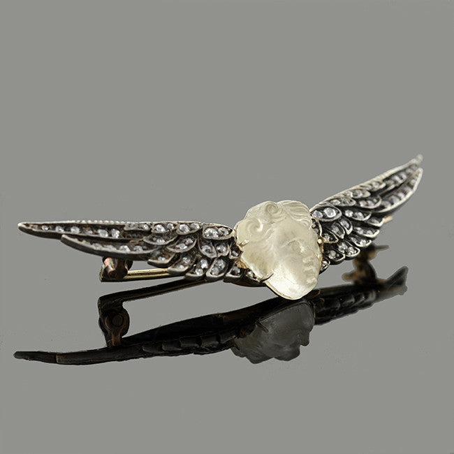 Victorian 14kt/Sterling Carved Art Glass & Diamond Winged Cherub Pin