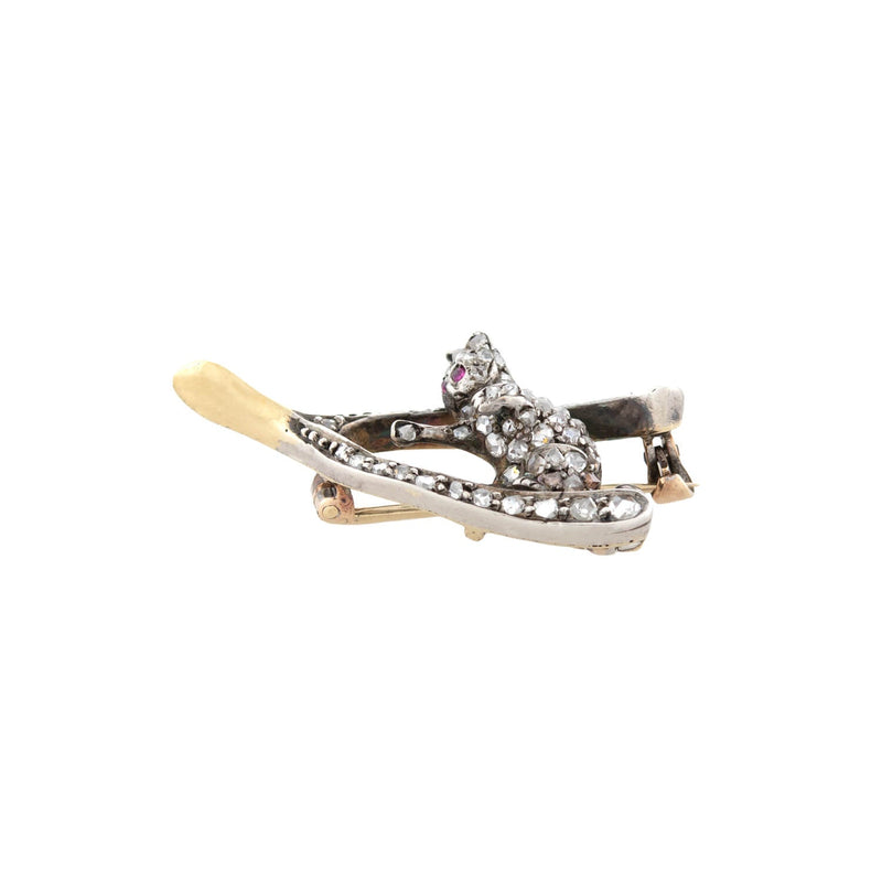 Victorian 15kt/Sterling Rose Cut Diamond + Ruby Cat and Wishbone Pin