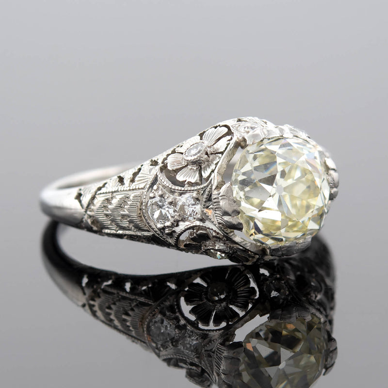 Art Deco Platinum + Old European Cut Diamond Floral Engagement Ring 1.91ctw