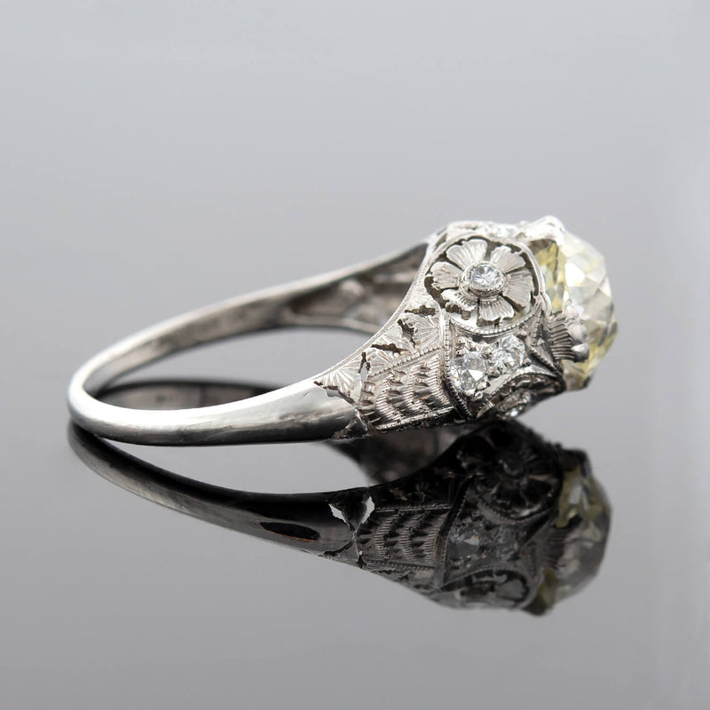 Art Deco Platinum + Old European Cut Diamond Floral Engagement Ring 1.91ctw