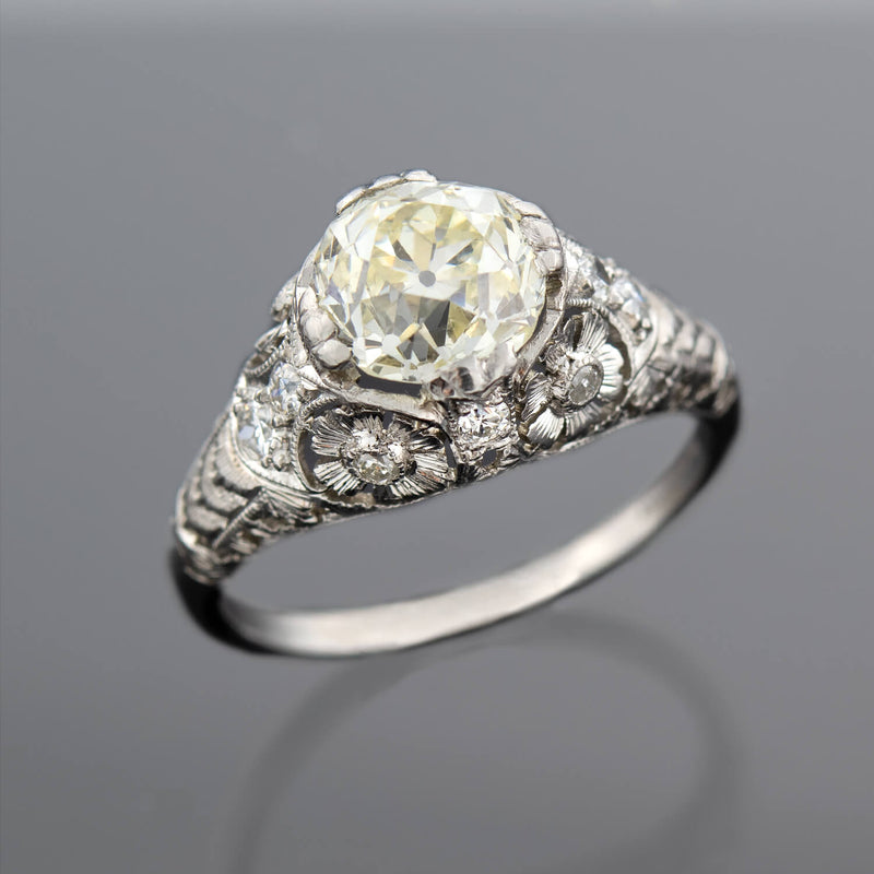 Art Deco Platinum + Old European Cut Diamond Floral Engagement Ring 1.91ctw
