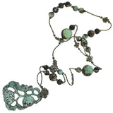 Art Deco Chinese Beaded Turquoise + Carved Pendant Necklace with Original Cord
