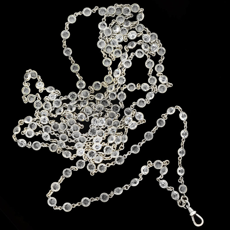 Art Deco Silver + French Paste Chain Necklace 62"