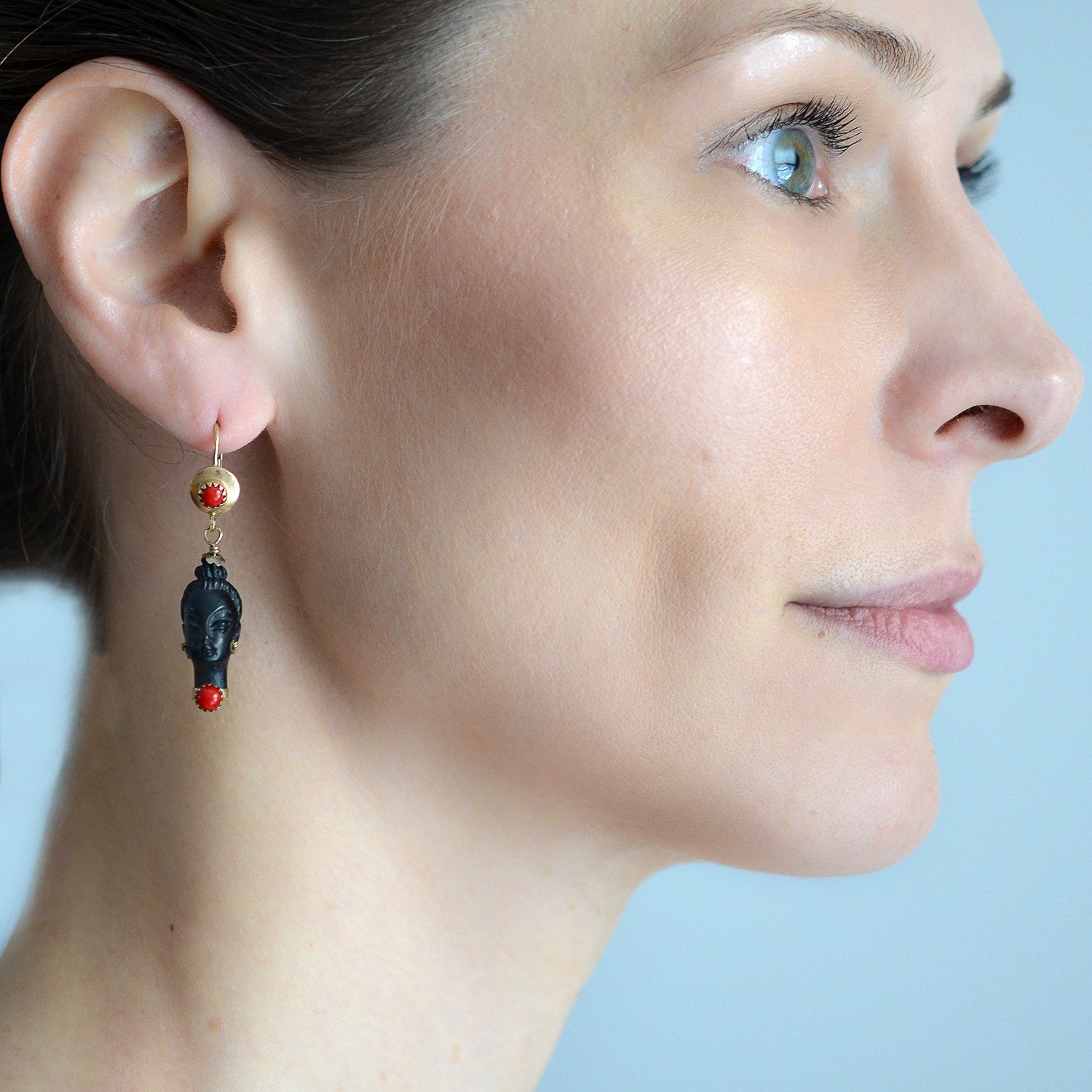 Vintage 10kt Faux Coral + Carved Wood Resin Blackamoor Earrings