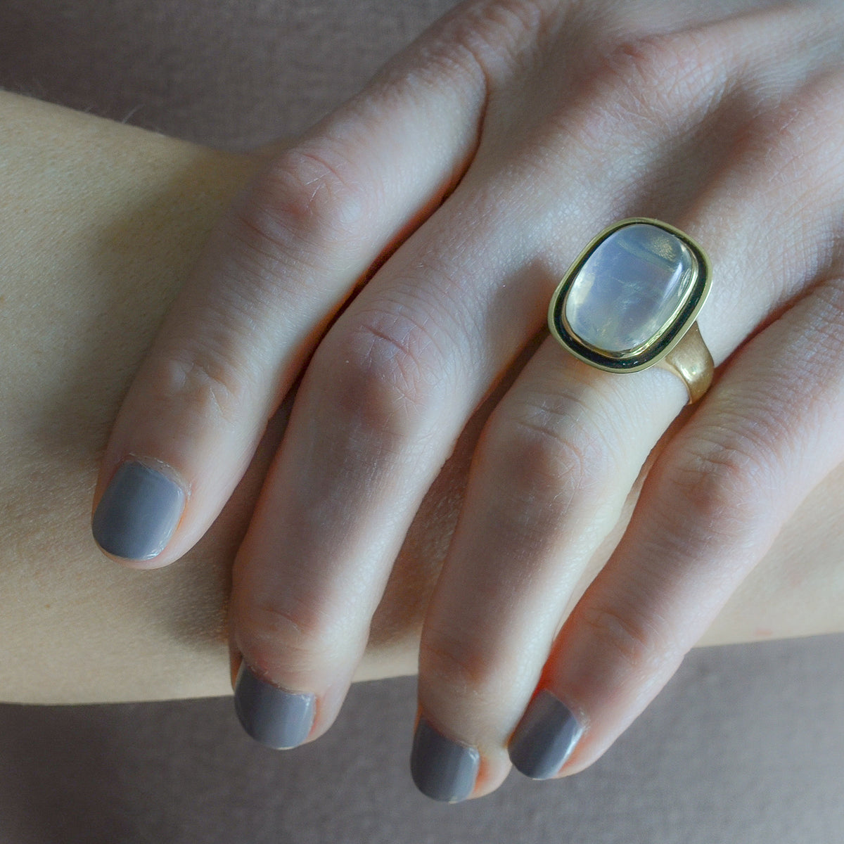 Art Nouveau Style 18kt Enameled Moonstone Ring