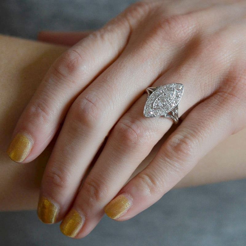 Edwardian Platinum Pavé Diamond Navette Ring 1.30ctw
