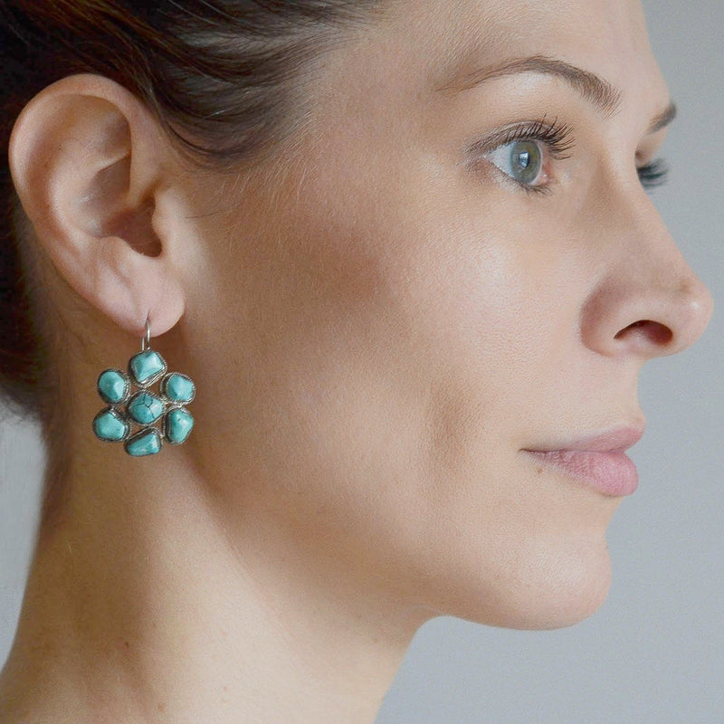 Art Deco Chinese Sterling + Turquoise Cluster Earrings