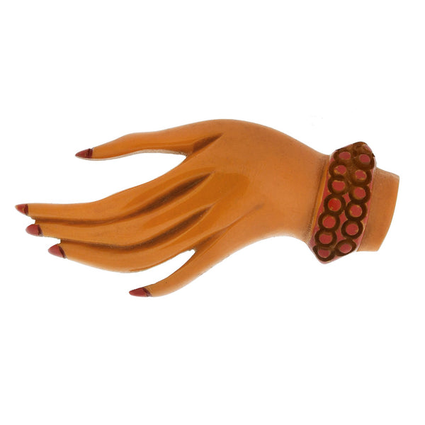 Retro Hand Carved + Painted Butterscotch Bakelite Hand Pin