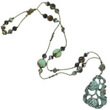Art Deco Chinese Beaded Turquoise + Carved Pendant Necklace with Original Cord