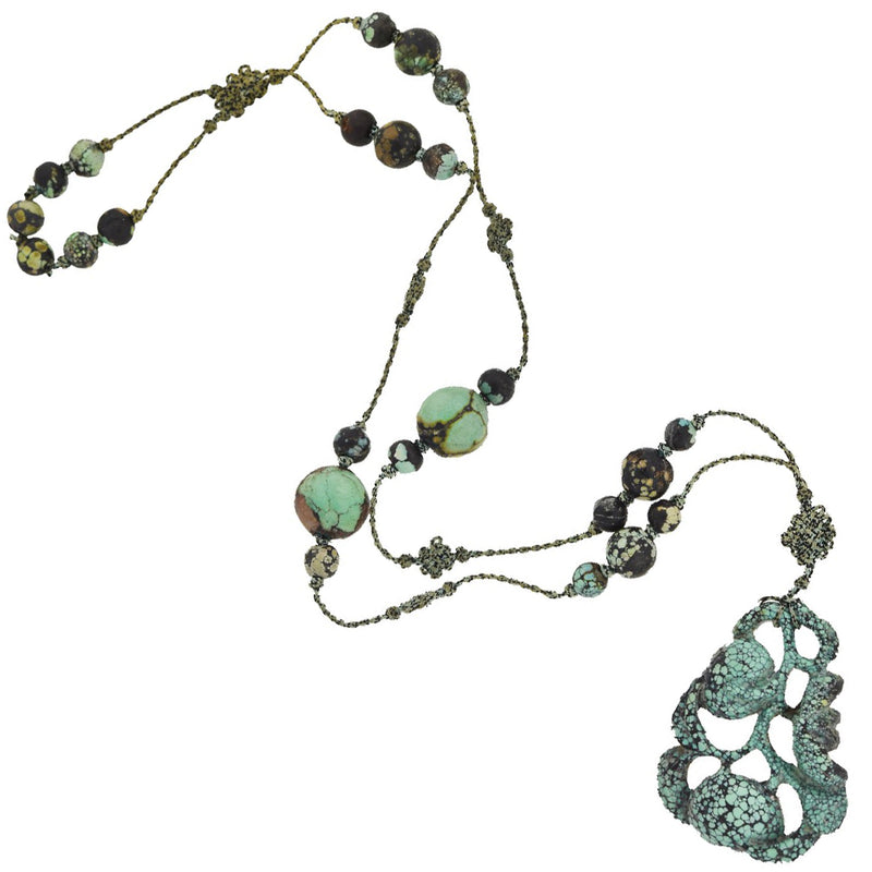 Art Deco Chinese Beaded Turquoise + Carved Pendant Necklace with Original Cord