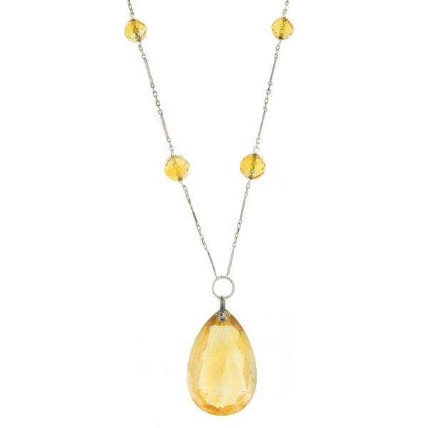 Art Deco Sterling Large Citrine Drop + Bead Necklace