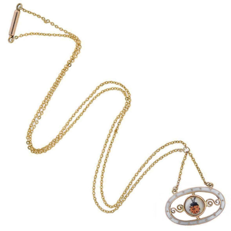 Victorian 9kt Essex Crystal + Enameled Ladybug Pendant Necklace 17.5"