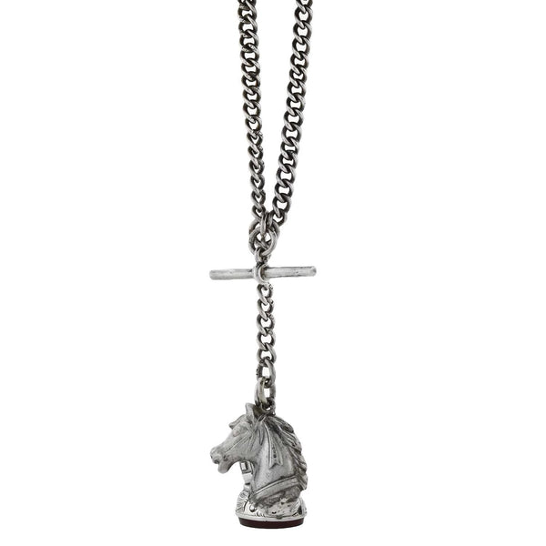 Victorian Sterling Watch Chain + Carnelian Intaglio and Figural Horse Fob Necklace 15.5"