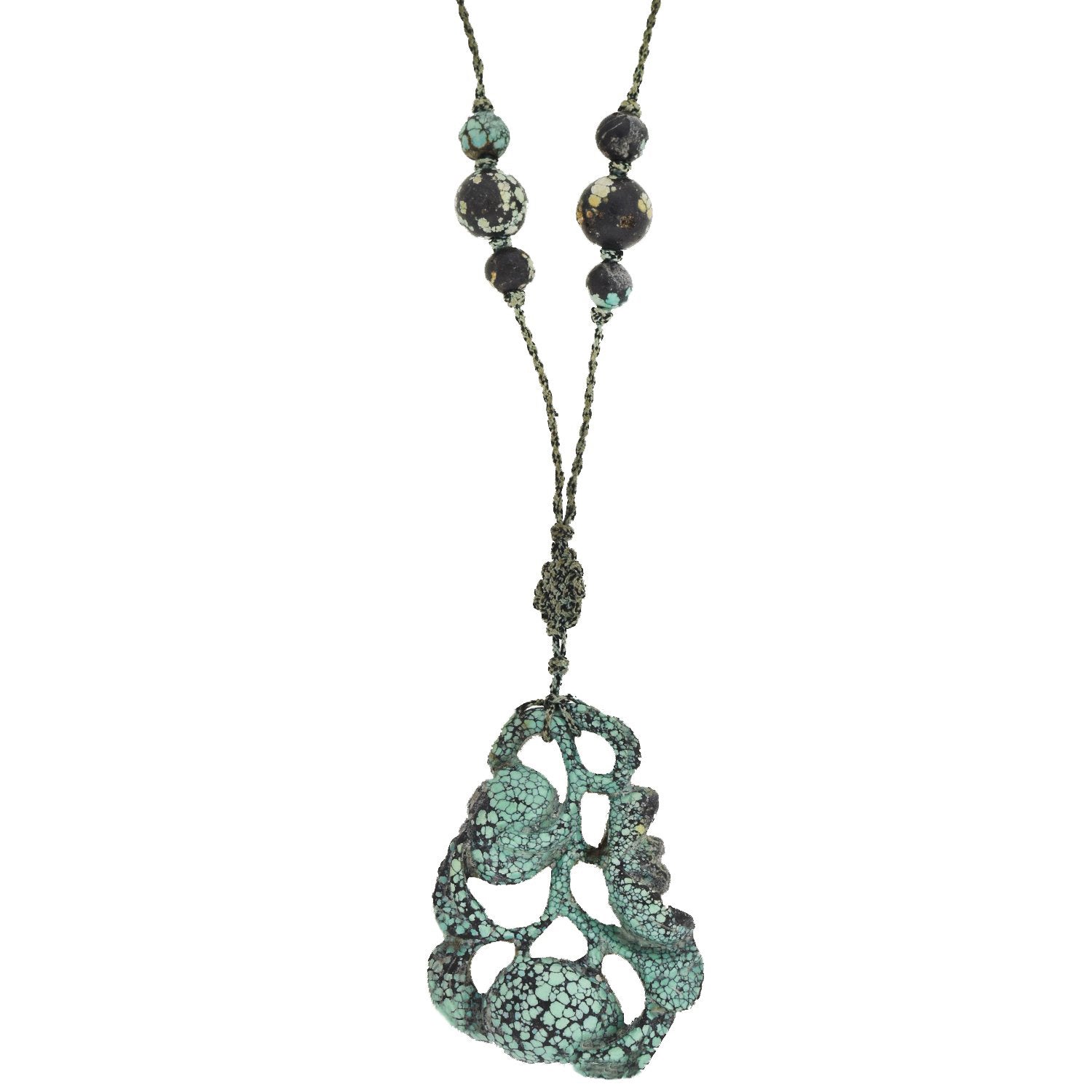 Art Deco Chinese Beaded Turquoise + Carved Pendant Necklace with Origi ...