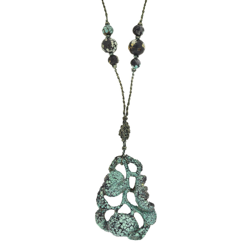 Art Deco Chinese Beaded Turquoise + Carved Pendant Necklace with Original Cord