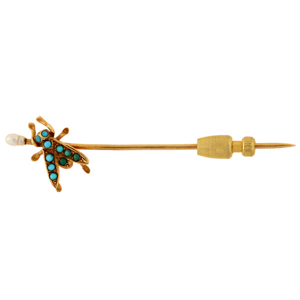 Victorian 14kt Turquoise + Pearl "Fly" Stick Pin