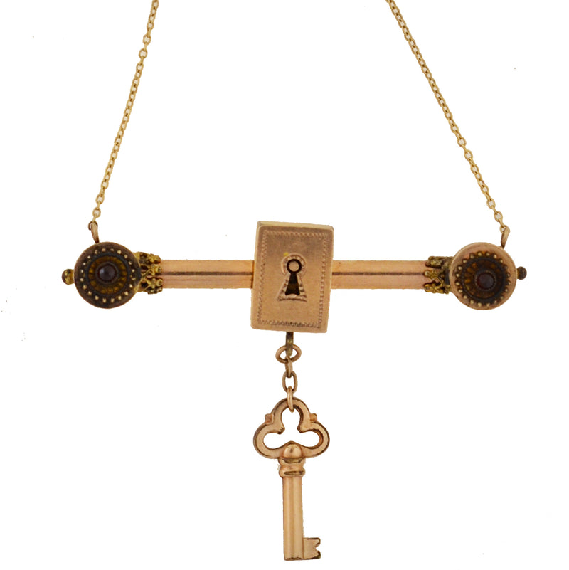 Victorian Gold-Filled Garnet Padlock + Key Necklace 16"
