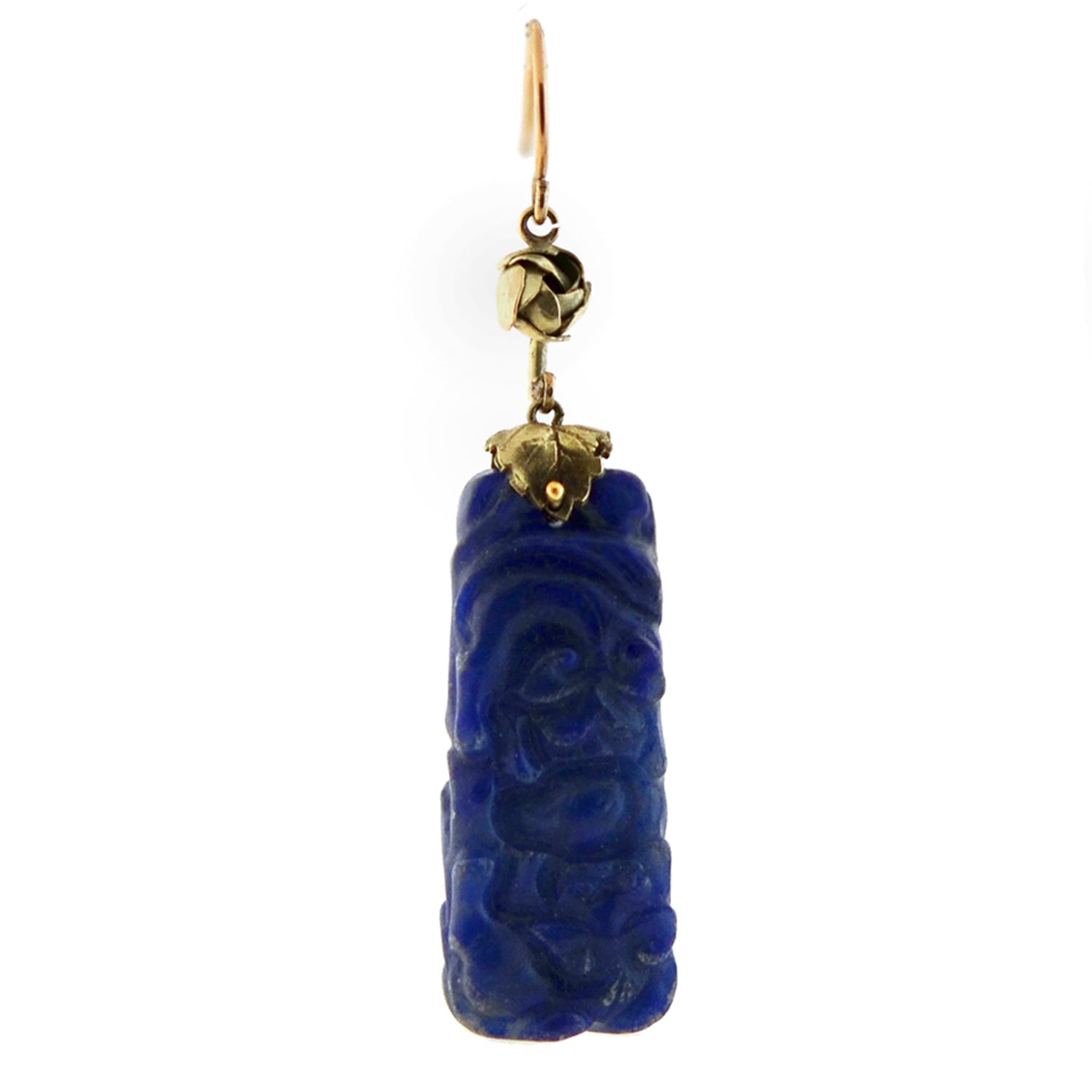 Late Art Deco Chinese 14kt Carved Sodalite Earrings