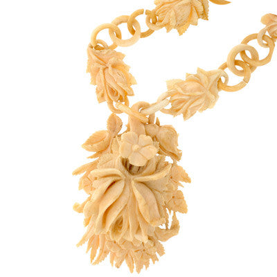 Victorian Hand Carved Bone Flower Locket & Chain