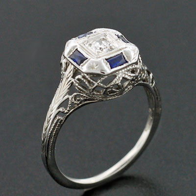 Art Deco 18kt Diamond & Sapphire Engage Ring .10ct