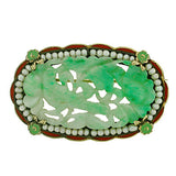 Art Deco 14kt Hand Carved Jade, Pearl & Enamel Pin