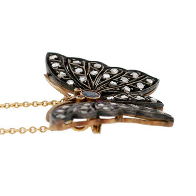 Victorian Sterling Silver & 14k Diamond Butterfly Pendant
