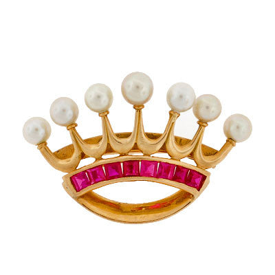 Early Retro 14kt Yellow Gold Ruby & Pearl Crown Pin