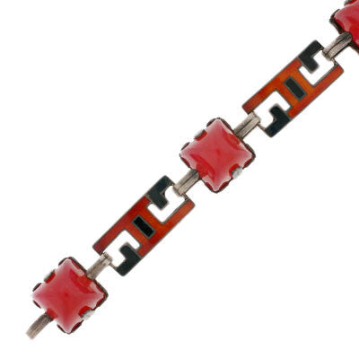 Art Deco Sterling Enamel & Carnelian Link Bracelet