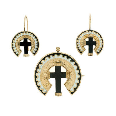 Victorian 15kt Onyx Cross & Enamel Earring & Pin Set