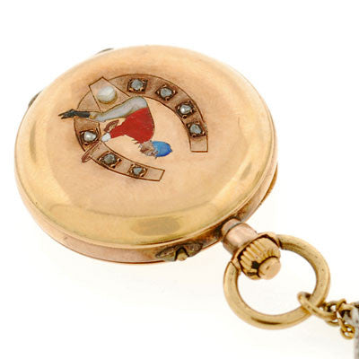 Victorian 18kt & Plat Enamel & Diamond Horseshoe Watch Pin
