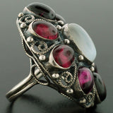 Early Retro Huge Sterling Moonstone & Garnet Cluster Ring