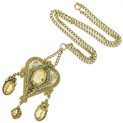Victorian Sterling Gilt Citrine & Seed Pearl Long Necklace