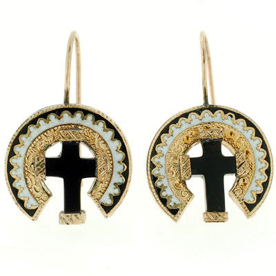 Victorian 15kt Onyx Cross & Enamel Earring & Pin Set