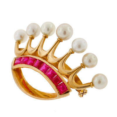 Early Retro 14kt Yellow Gold Ruby & Pearl Crown Pin