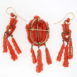 Victorian Carved Coral Pin & Pendant & Earrings Set