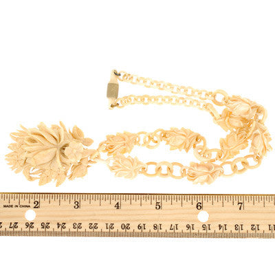 Victorian Hand Carved Bone Flower Locket & Chain