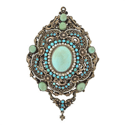 Arts & Crafts Era Hungarian Silver Gilt Turquoise & Pearl Pin/Pendant
