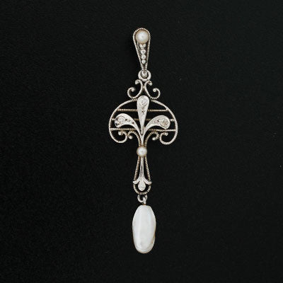 KREMENTZ Art Nouveau Platinum, Diamond + Pearl Lavalier Pendant