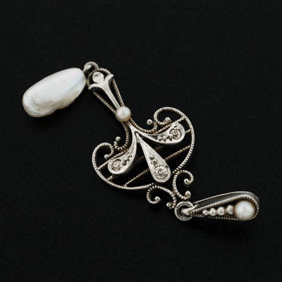 KREMENTZ Art Nouveau Platinum, Diamond + Pearl Lavalier Pendant
