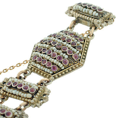 Arts & Crafts Hungarian Sterling Pink Sapphire & Pearl Bracelet