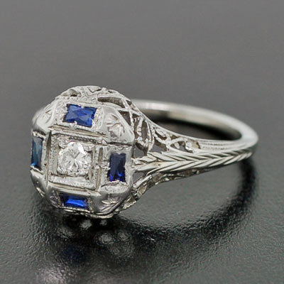 Art Deco 18kt Diamond & Sapphire Engage Ring .10ct