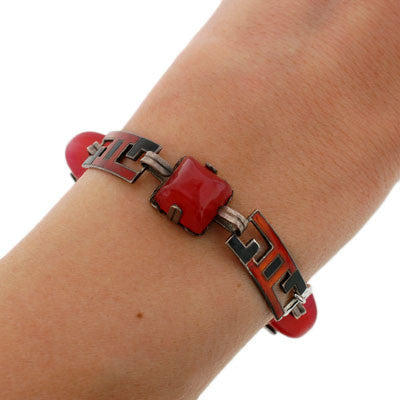 Art Deco Sterling Enamel & Carnelian Link Bracelet