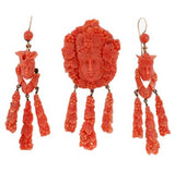 Victorian Carved Coral Pin & Pendant & Earrings Set