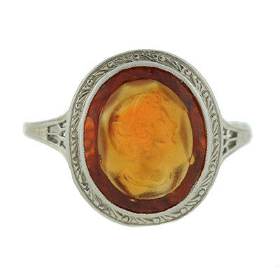 Art Deco 18kt Carved Citrine Cameo Filigree Ring