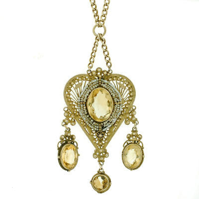 Victorian Sterling Gilt Citrine & Seed Pearl Long Necklace