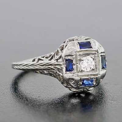 Art Deco 18kt Diamond & Sapphire Engage Ring .10ct