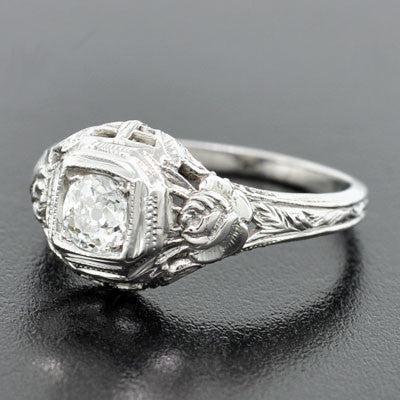 Art Deco 18kt Rose Motif Diamond Engagement Ring .35ct